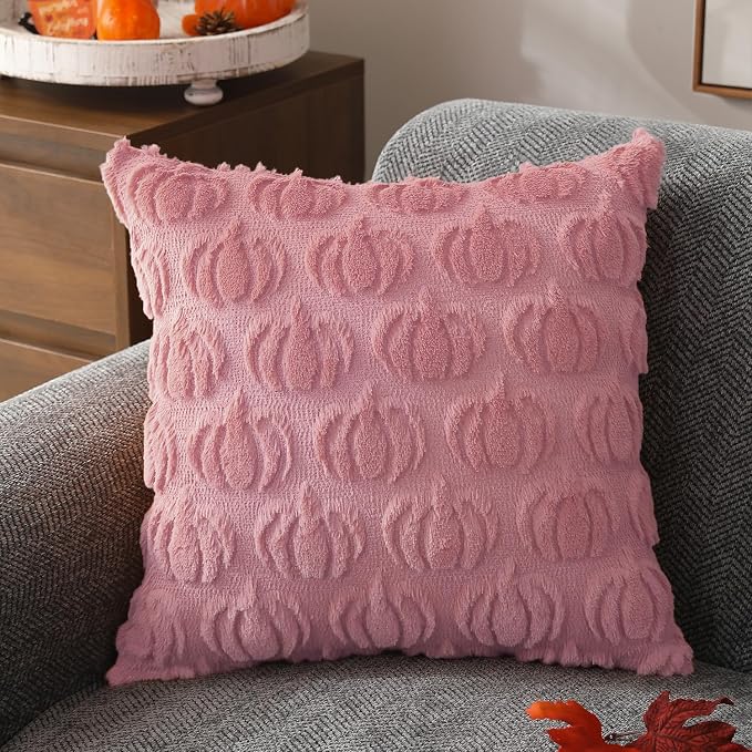 DFXSZ Fall Pillow Covers 18x18 2Pcs Pink Pumpkin Fall Decorations for Home | Fall decor Set of 2 Throw Pillow Cases Soft Plush Faux Fur Wool Couch Cushion for Chair Sofa Bedroom Living Room Home Decor