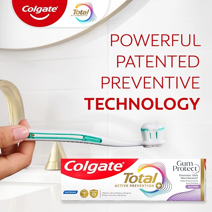 Colgate Total Active Prevention Gum Protect Whitening Toothpaste, 3 Pack, SLS Free Gingivitis Toothpaste for Bleeding Gums, Redness, Inflammation, Irritation, and Sensitivity, 3.0 oz