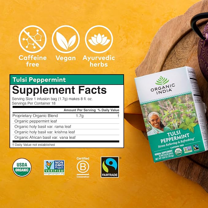 ORGANIC INDIA Tulsi Peppermint Tea - Caffeine Free Herbal Mint Tea - Stress Relieving Holy Basil, Immune & Digestion Support, Vegan, USDA Certified Organic, Fairtrade - 18 Infusion Bags, 3 Pack