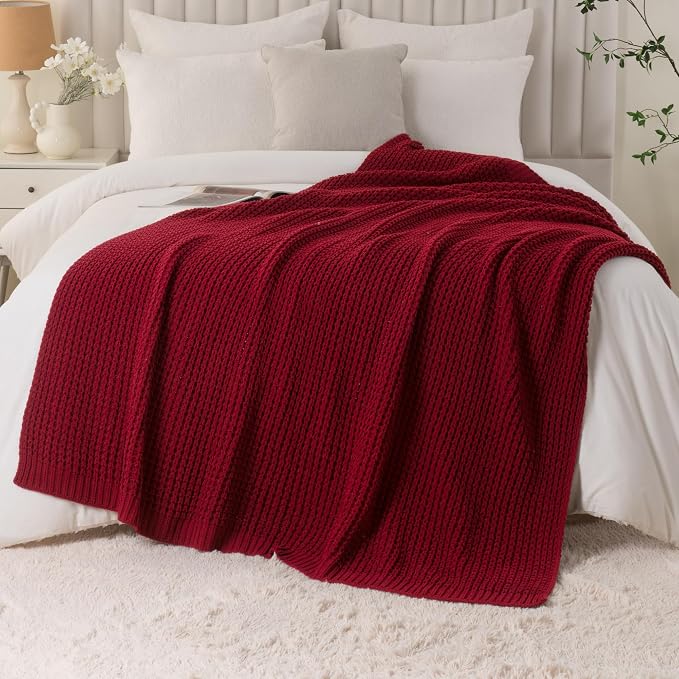 Red Throw Blanket for Couch, Soft Cozy Knit Waffle Throw Blanket 60"x80" | Chunky Chenille Throw Blanket, Decorative Christmas Throw Blanket for Bed Sofa Gifts,Modern Farmhouse Knitted Style
