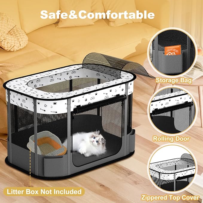 Portable Cat Playpen, 8-Rod Reinforced Kitten Dog Puppy Playpens, Foldable Play Pen for Indoor Cats Enclosed Pet Kitty Doggy Outdoor, Collapsible Tent Kennel Cage Corral