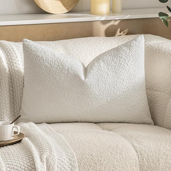 MIULEE Textured Boucle Lumbar Pillow Cover for Bed 16x24 White | Pack of 1 Textured Neutral Couch Throw Pillow Cover, Accent Solid Pillowcase, Sofa Living Room Home Decor