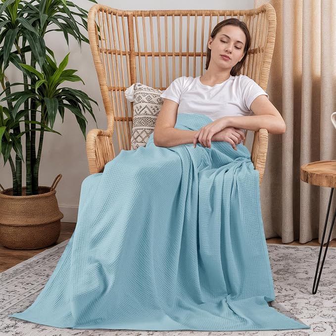 Utopia Bedding Cotton Blend Sky Blue Waffle Blanket Queen - 90x90 Inches | Lightweight, Skin Friendly, Breathable, All Season, Luxury, Bed, Couch, Sofa