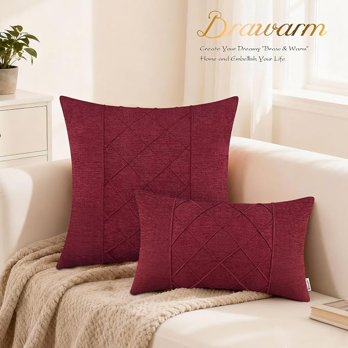 BRAWARM Chenille Throw Pillow Covers 22x22 Inches, Burgundy, 2 Pack | Decorative Pleated Pillow Covers, Soft Cushion Cases for Sofa Bed Living Room Home Farmhouse (No Insert)
