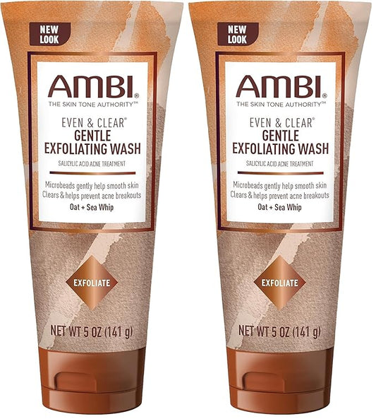 Ambi Even & Clear Gentle Exfoliating Wash with Oat and Sea Whip,Salicylic Acid Acne Treatment,Helps Clear & Prevent Breakouts,Exfoliates to Help Smooth Skin Tone-& Texture,5 Ounce,(Pack of 2)