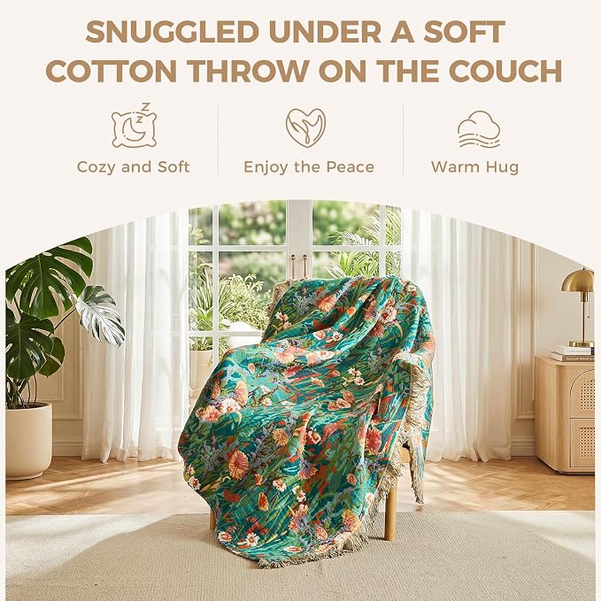 LUTBM Boho Throw Blanket for Bed 60"x80", All Season Cotton Couch Blankets | Reversible Floral Jacquard, Summer Lightweight Breathable Muslin Twin Quilt, For Chair Sofa Bedroom Living Room, Home Decor