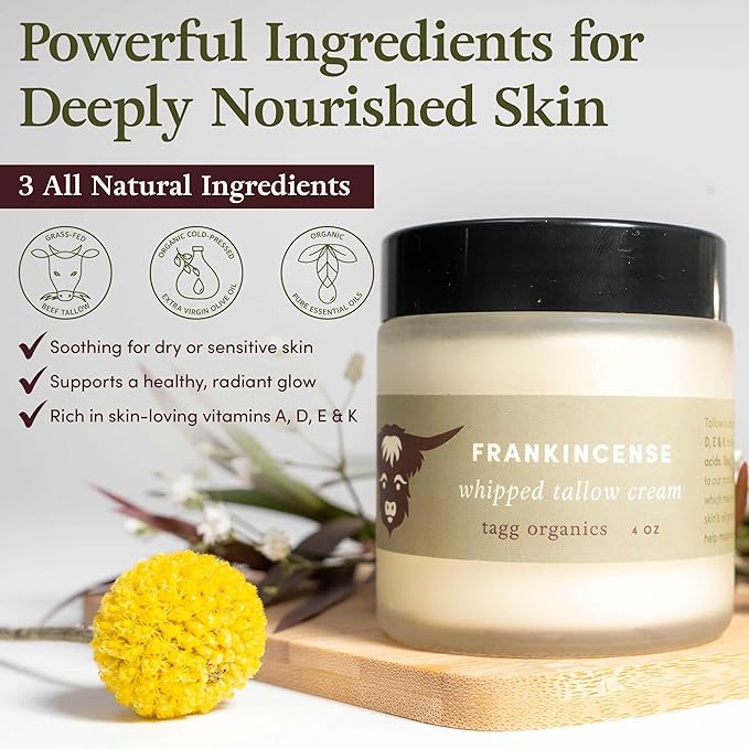 Organic Whipped Tallow Cream – Frankincense, 100% Grass-Fed, Deep Moisture for Dry & Sensitive Skin, Chemical-Free & All-Natural, 4 oz