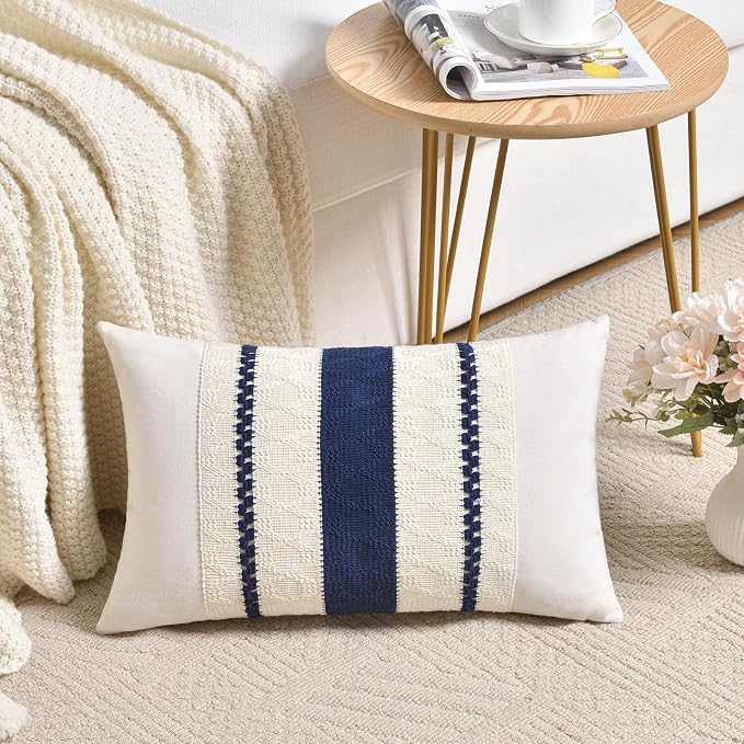 Fancy Homi Set of 2 Navy Blue Lumbar Decorative Throw Pillow Covers 14x24 Inch for Couch Bed Sofa Living Room, Aesthetic Modern Organic Farmhouse Home Decor, Soft Cotton Woven Textured Cushion Case