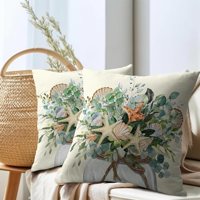 Kawani Eucalyptus Leaves Starfish Pillow Covers 22x22 in, 2 Pcs Summer Coastal Seashell Green Leaf Jar Pillowcases Cotton Linen Square Cushion Case for Couch Sofa Chair Living Room