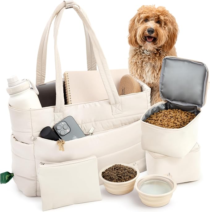 Rubyloo Puffer Dog Travel Bag for Dog Moms, Diaper Bag with Travel Bowls