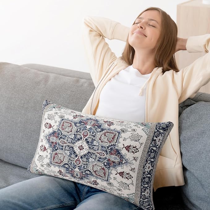 Boho Throw Pillow Covers 12x20 inch Set of 2,Soft Pillowcases Bohemia Carpet Printing Pattern Decorative Sofa Living Room Bed Rectangle Pillow Case Cushion Cover-Blue Cyan