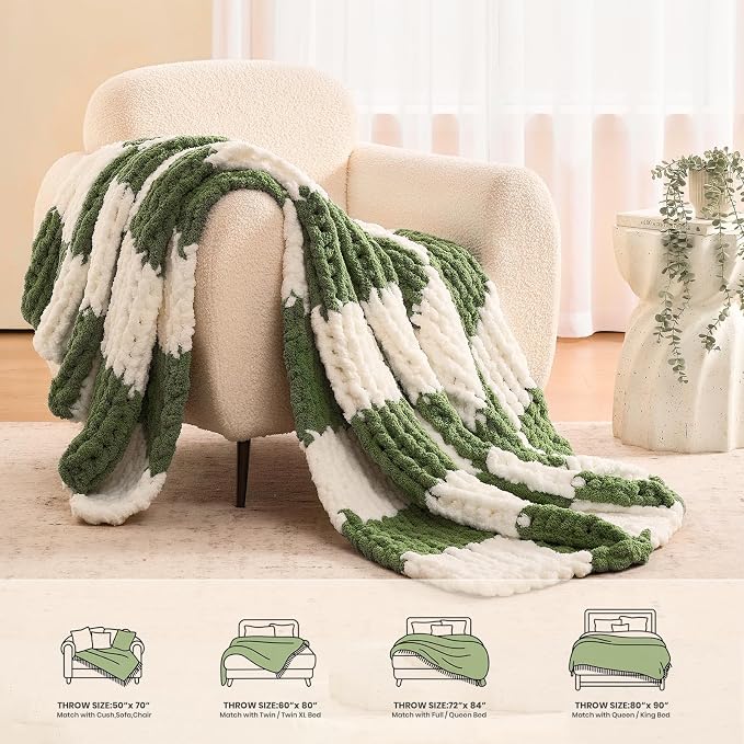 L'AGRATY Chunky Knit Throw Blanket for Couch 60 x 80 Inches Green Checkered | Handmade Chenille Crochet Blanket for Sofa Bed, Thick Cable Knitted Blankets for Room Home Decor, Birthday Gift for Women Mom