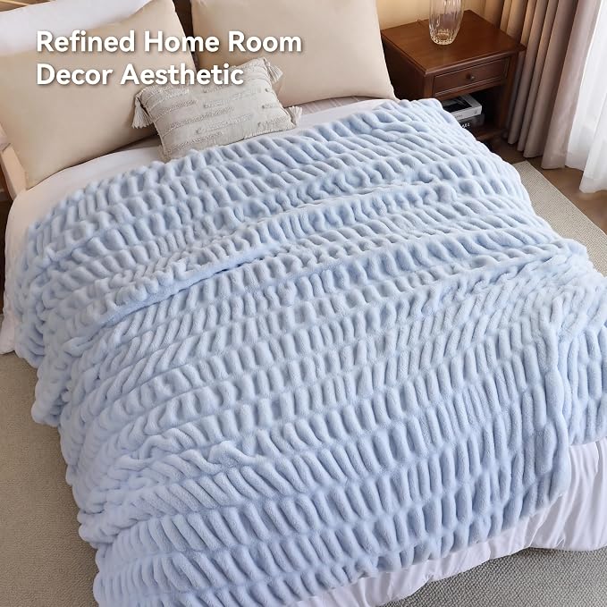 Light Blue Fluffy Blanket for Couch - Luxury Faux Rabbit Fur 60"x80" | Ultra Soft & Plush Comfort Ruched Blanket, Cozy Fuzzy Fleece Throw for Sofa, Bed & Office, Gift for Women, Blue Room Decor