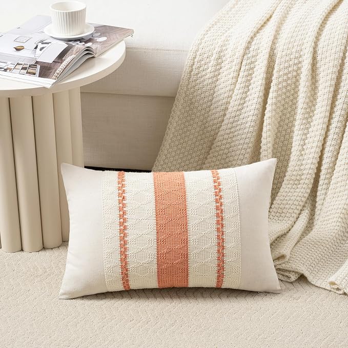 Fancy Homi Set of 2 Boho Coral Long Lumbar Decorative Throw Pillow Cover 14x24 Inch for Couch Bed Sofa Chair, Modern Organic Farmhouse Home Decor, Soft Cotton Cute Accent Rectangle Cushion Case