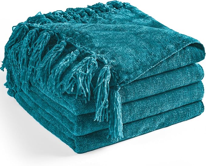 Chenille Throw Blanket for Couch 50" x 60", Teal | Soft Cozy Warm Throws with Fringe Tassel, for Living Room Bed Sofa Chair Cover, Lightweight Knitted Decorative Boho Blankets