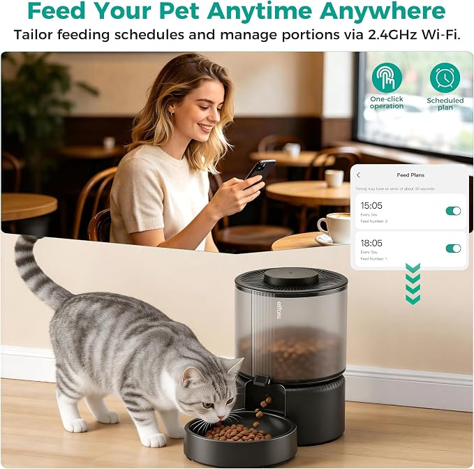 WiFi Automatic Cat Feeder, Smart App Control, 3L | WiFi scheduling, dual power(no battery), detachable & easy clean. Locks dry food flavor, ideal for cats & small dogs.