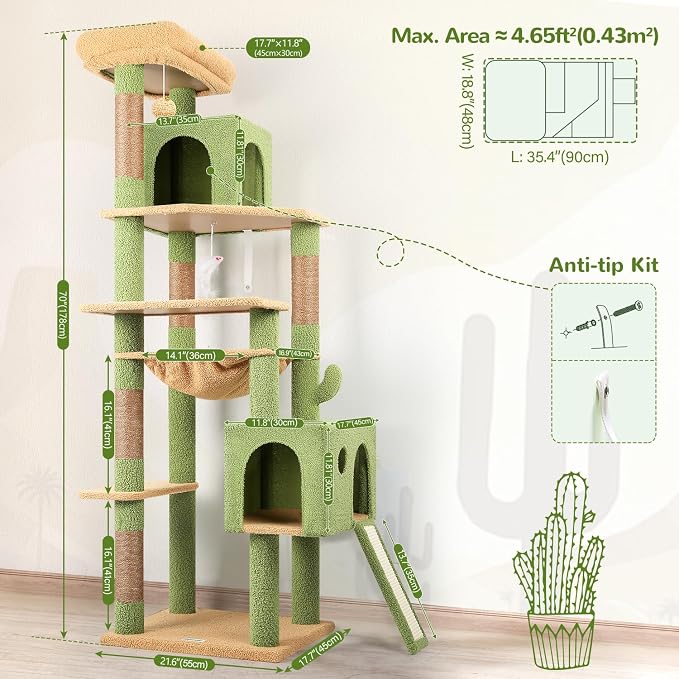 Globlazer Large Cactus Cat Tree Tower, 70in Tall Heavy Duty Green Cat Tree for Indoor Cats Sturdy Cat Tower with Scratching Post and Board, Hammock, Cat Condos for Adult Cats Kittens, F70 Pro, Green