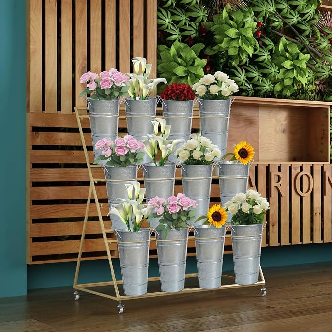 Notakia 12 Inch Large Galvanized Metal Vases Farmhouse French Flower Bucket Vases for Cut Flowers for Home Decor and Wedding Table Centerpiece Decorations (Large Silver Set of 4)