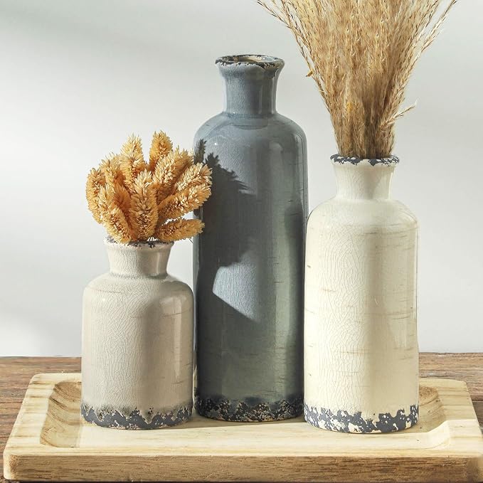 Ceramic Vase Set of 3, Neutral Flower Vases Home Decor, Pottery Rustic Farmhouse Decorative Vases Modern Decor for Table Mantel Entryway Bookshelf Living Room Kitchen Bedroom - Ocean