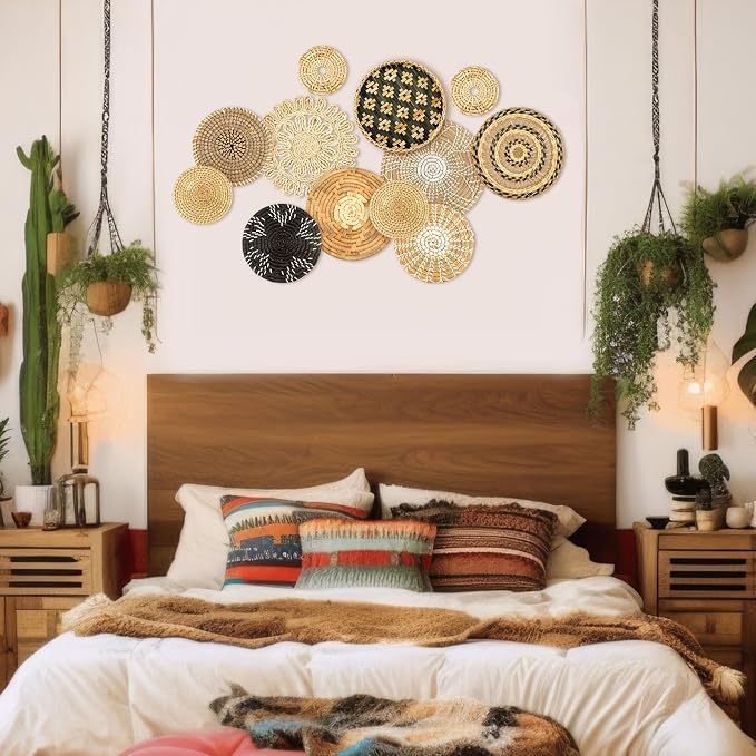 Glenmal 13 Pcs Boho Wall Basket Decor Set Woven Rattan Seagrass,Retro | Handmade Flat Baskets for Bedroom Living Room Office, Wicker Bamboo Seagrass Hanging Art, Farmhouse Gallery Ready to Hang