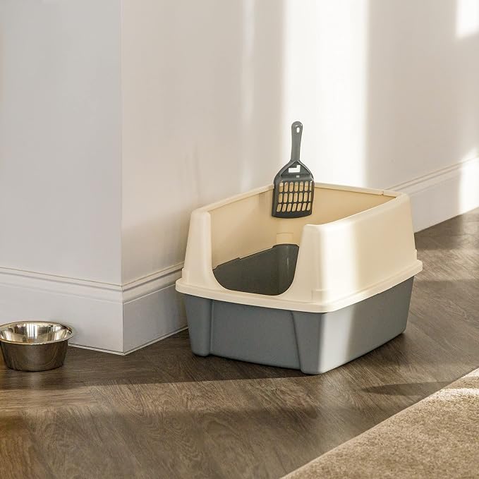 Amazon Basics Large Cat Litter Box with High Sides, Open Top for Easy Access, Includes Scoop with Storage, 19" x 15" x 11.75", Grey/Beige