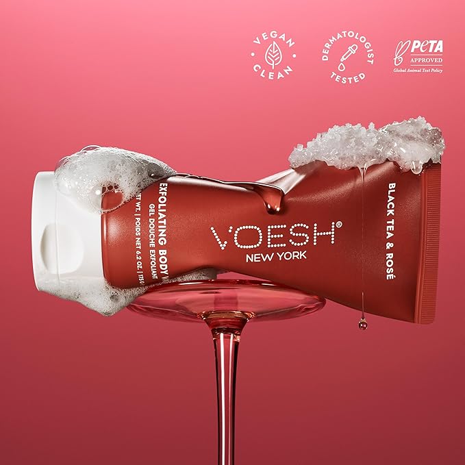 VOESH Sugar Scrub & Exfoliating Body Wash with Plant-Derived AHAs & Vegan Probiotics, K-Beauty Korean Skincare - Black Tea & Rosé