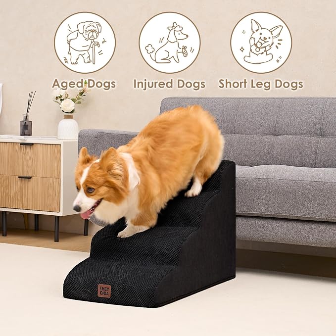 EHEYCIGA Curved Dog Stairs Ramp, 4-Step High Beds, 19.7" H Pet Step | 33D density of pure foam, for Small Dogs and Cats, Pet Stairs for High Bed Climbing, Non-Slip Balanced Indoor, Black