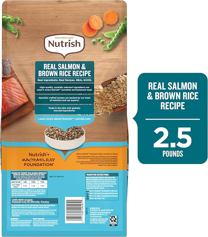 Nutrish Dry Cat Food, Salmon & Brown Rice Recipe, 2.5 lb. Bag (Rachael Ray) | Suitable for Cats of All Life Stages, No Artificial Flavors, Nature Food with Added Vitamins, Minerals & Nutrients