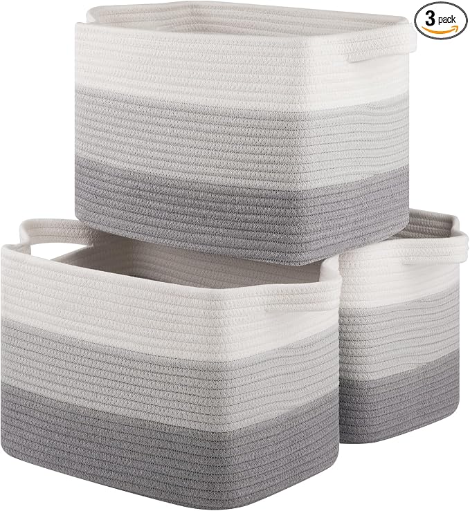 OIASKET Storage Baskets for Organizing, Woven Baskets for Shelves, Rectangle Decorative Organizer for Storage Clothes, Toy, Books, Towels Nursery Bins 3 Pack (Gradient Grey, 14.17"x9.85"x9.45")
