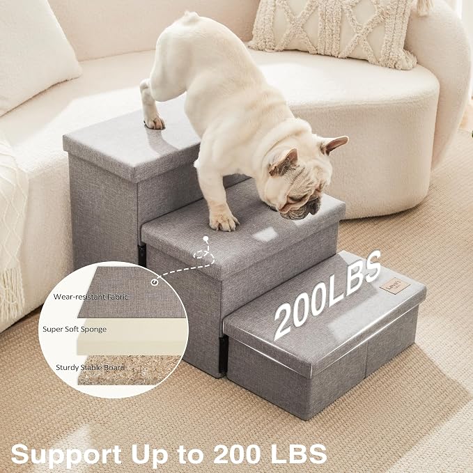 Love's cabin Dog Stairs for High Bed, Foldable Pet Stairs for Small Medium or Large Dogs Puppy with Storage for Bed or Couch, Cat Dog Steps Ramp with Zip up to 200 lbs, Solid Grey, 3 Steps