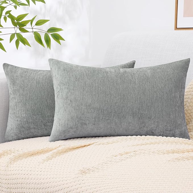 decorUhome Soft Chenille Grey Throw Pillow Covers 12X20 Set of 2 | Decorative Fall Couch Pillow Covers Solid Dyed Accent Modern Farmhouse Neutral Rectangle Pillow Cases for Sofa
