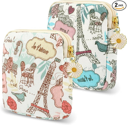 Amabro Sanitary Napkin Storage Bag, 2PCS Period Bags Cute Sanitary Pad Storage Pouch Tampon Pantyliners Menstrual Purse Daisy Zipper for Women Teen Girls School Travel Feminine Product(Tower)