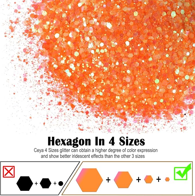 Ceya Chunky Glitter, 4.9oz/ 140g Iridescent Orange Craft Glitter Powder Mixed Fine Flakes Halloween Glitter Sequins for Pumpkin Crafts, Nail Art, Hair, Epoxy Resin, Tumblers, Slime, Festival Decor