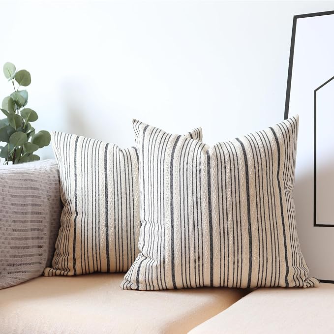 Black Outdoor Striped Pack of 2 Couch Throw Pillow Covers 16x16 | Farmhouse Decorative Square Throw Pillows for Couch Sofa Bed Black and Cream
