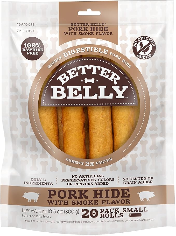 Better Belly Pork Hide Small Roll Highly Digestible Dog Treats, 20 Count | With Natural Smoke Flavor, Long-Lasting Digestible Chew, No Grain Added, No Artificial Colors Or Flavors, For Adult Dogs