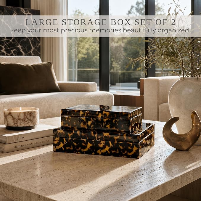 ZICOTO Decorative Storage Boxes with Lids - Set of 2 Beautiful Organizer Bins for Your Bookshelf Home Decor - Safely Store Photos, Documents and Memory Box Keepsakes on Your Shelves in Style