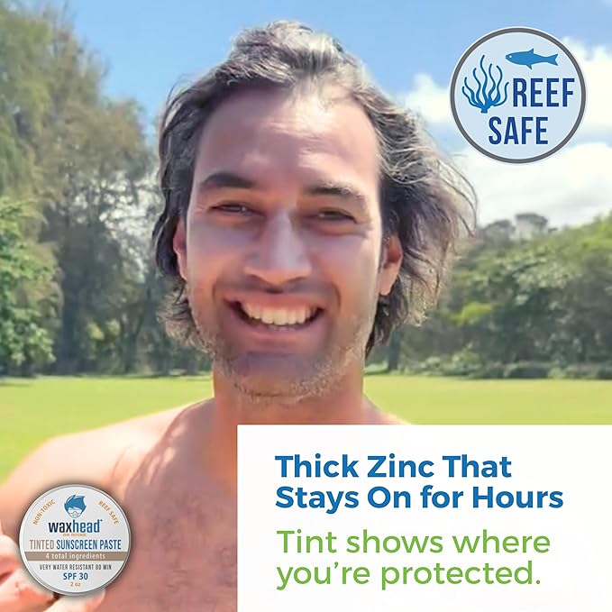 Waxhead Tinted Zinc Oxide Surf Sunscreen SPF 30 for Face, 4 Ingredient Reef Safe Zinc Paste, Waterproof Sunblock for Swimming, Sensitive Skin and Eczema, Tinted Scar and Tattoo Protection, 2oz Tin
