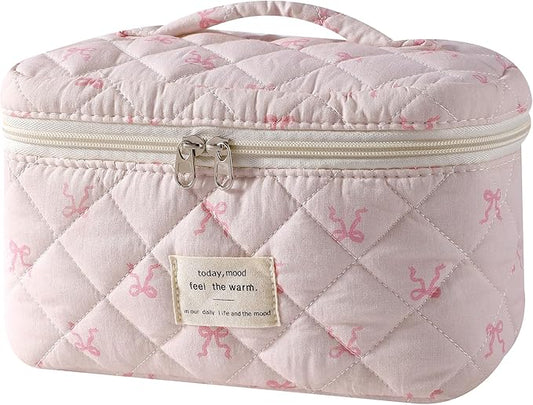 uekeboag Large Travel Quilted Makeup Bag for Women, Floral Cotton Cosmetic Bag, Coquette Aesthetic Floral Toiletry Organizer Bag