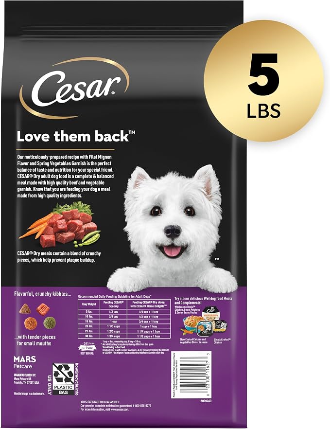 Cesar Small Breed Dry Dog Food, Filet Mignon & Spring Vegetable, 5 lb | Made in USA, Real beef #1 ingredient, 26 essential nutrients, supports small breed health, no artificial flavors