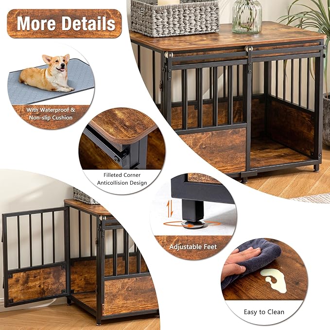 KOOPRO 32" Dog Crate Furniture with Cushion, Heavy Duty for Medium Dogs | Wooden Dog Kennel with Double Doors, Decorative Pet House Dog Cage Side End Table Indoor, Sliding Door Chew-Resistant