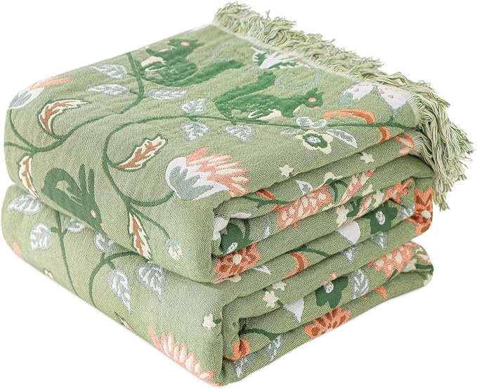 LUTBM Boho Throw Blanket for Bed 60"x80", 100% Cotton Green Couch Blankets | Soft Reversible Floral Animals, All-Season Twin Quilt, For Chair Sofa Living Room Decor, Lightweight & Breathable, Women Gift
