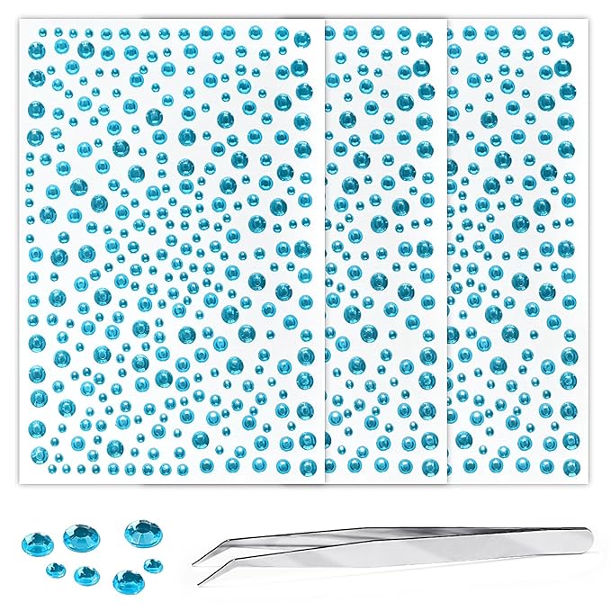 975Pcs Crystal Pcs Face & Eye Jewels STLK, Adhesive Rhinestones 3/4/5/6 mm DIY Body Gems Crafts (gem lightblue)
