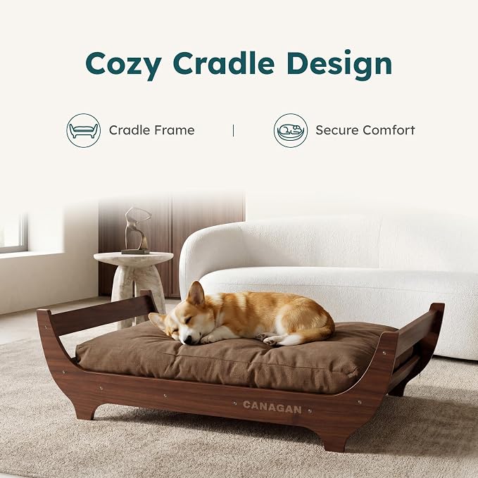 CANAGAN Elevated Wood Dog Bed Frame with Cushion, WalnutPattern, Medium | Raised Dog Couch Bed with Washable Cover and Plush PP-Filled Cushion, Furniture-Style for Indoor Living