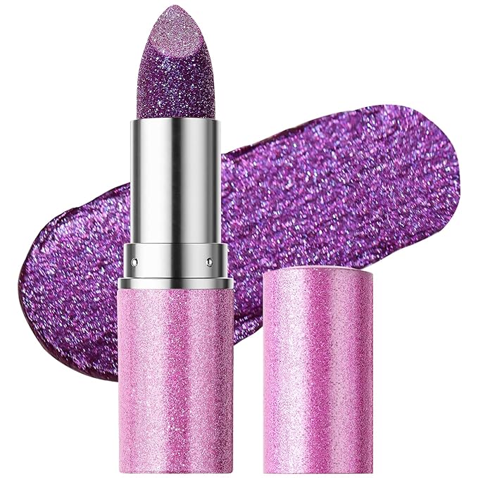 Erinde Glitter Shine Lipstick, Pearl Diamond Shimmery Creamy Lipcolor, Hydrating Glimmer Finish Lipsticks with Creamy Texture, Long Lasting High Pigmented Metallic Lip Stick Lip Stain,05 Mystic Purple