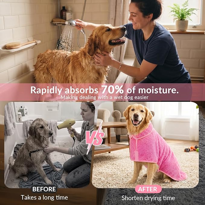 Dog Bathrobe, Super Absorbent for Small to Large Dogs, Rose Pink M | Dog Robes with Soft Fleece, Warm & Cozy, Adjustable Fit, and Quick Drying Coat for Baths Swimming and Grooming