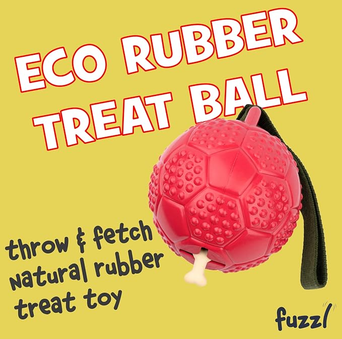 Fuzzl Eco Rubber Chuck & Treat Soccer Ball - Red - Long Lasting Dog Chew Toys for Aggressive Chewers Strong Dog Toy for Dogs Durable Puppy Toys 13cm