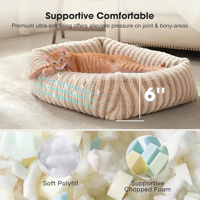 MIXJOY Dog Beds for Small Dogs Cats, Washable Dog Bed with Removable Cover, Soft Calming Cat Bed for Indoor Cats, Rectangle Pet Sofa Bed for Puppy Kitty, Anti-Slip Bottom,20"x19"x6", Beige