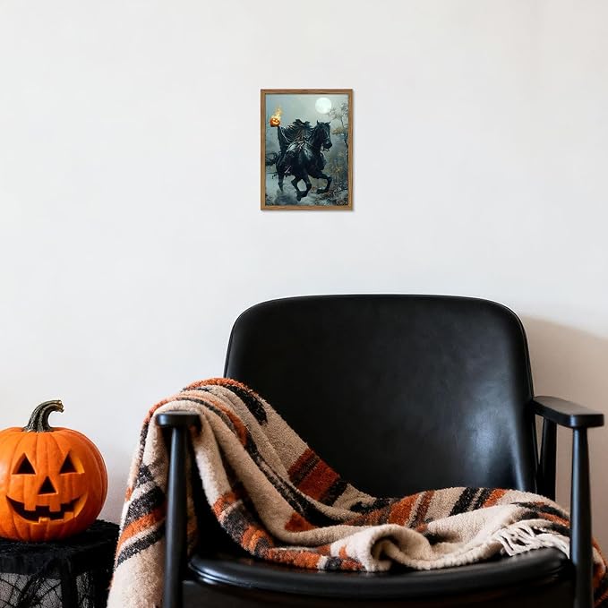 Vintage Framed Halloween Wall Art, Gothic Headless Horseman Pumpkin Picture Poster, Spooky Fall Forest Canvas Prints, Dark Academia Halloween Wall Decor for Living Room Bedroom 8x10 inch