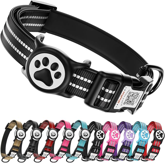 Waterproof AirTag Dog Collar with QR Code Dog Tag, Black02 L | IP68 waterproof, QR code dog tag, Anti-Lost, Online profile, fits XS-L (8"-26"), Padded nylon, Reflective, No App, No Fees