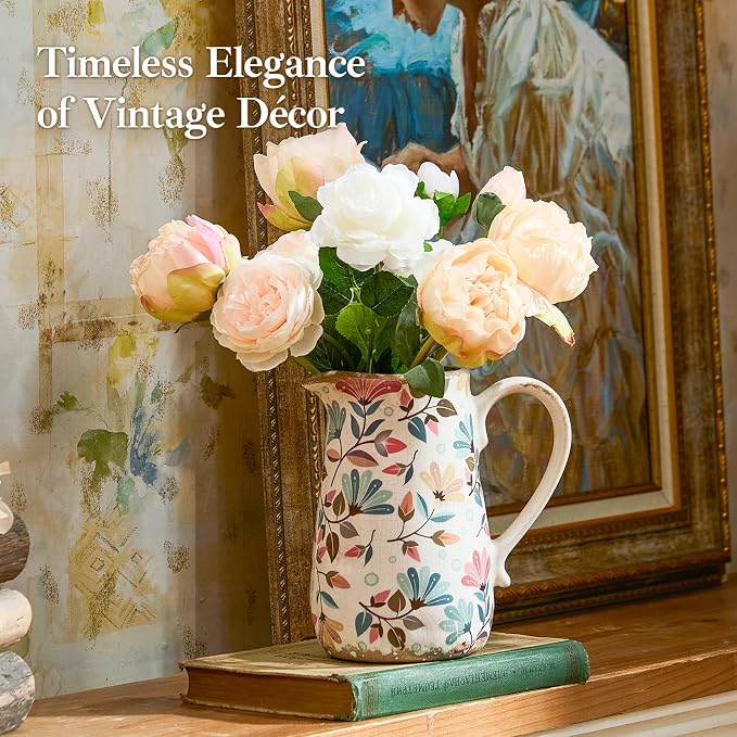 Vintage Colorful Flower Ceramic Vase with Handle, Retro Ice Glazed Crack Farmhouse Pitcher Vase for Home Decor, Living Room, Shelf, Office, Rustic Table Centerpiece 7 Inch